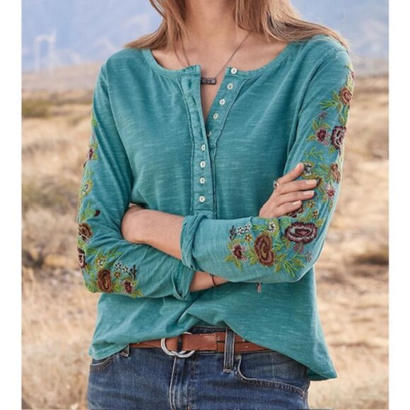 Sundance Embroidered Henley Top Size 1X Slub Knit Tunic Long Sleeves Boho - Picture 6 of 11